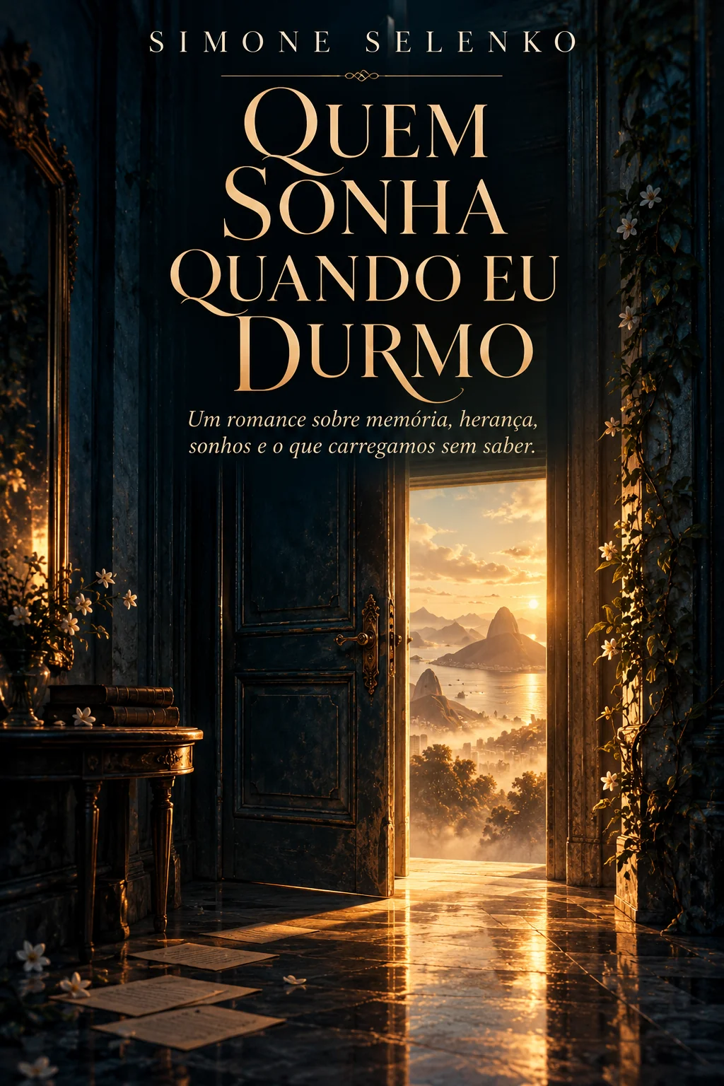 Capa do romance Quem Sonha Quando Eu Durmo, de Simone Selenko: uma porta antiga entreaberta, em um ambiente azul profundo, revelando paisagem banhada por luz dourada.